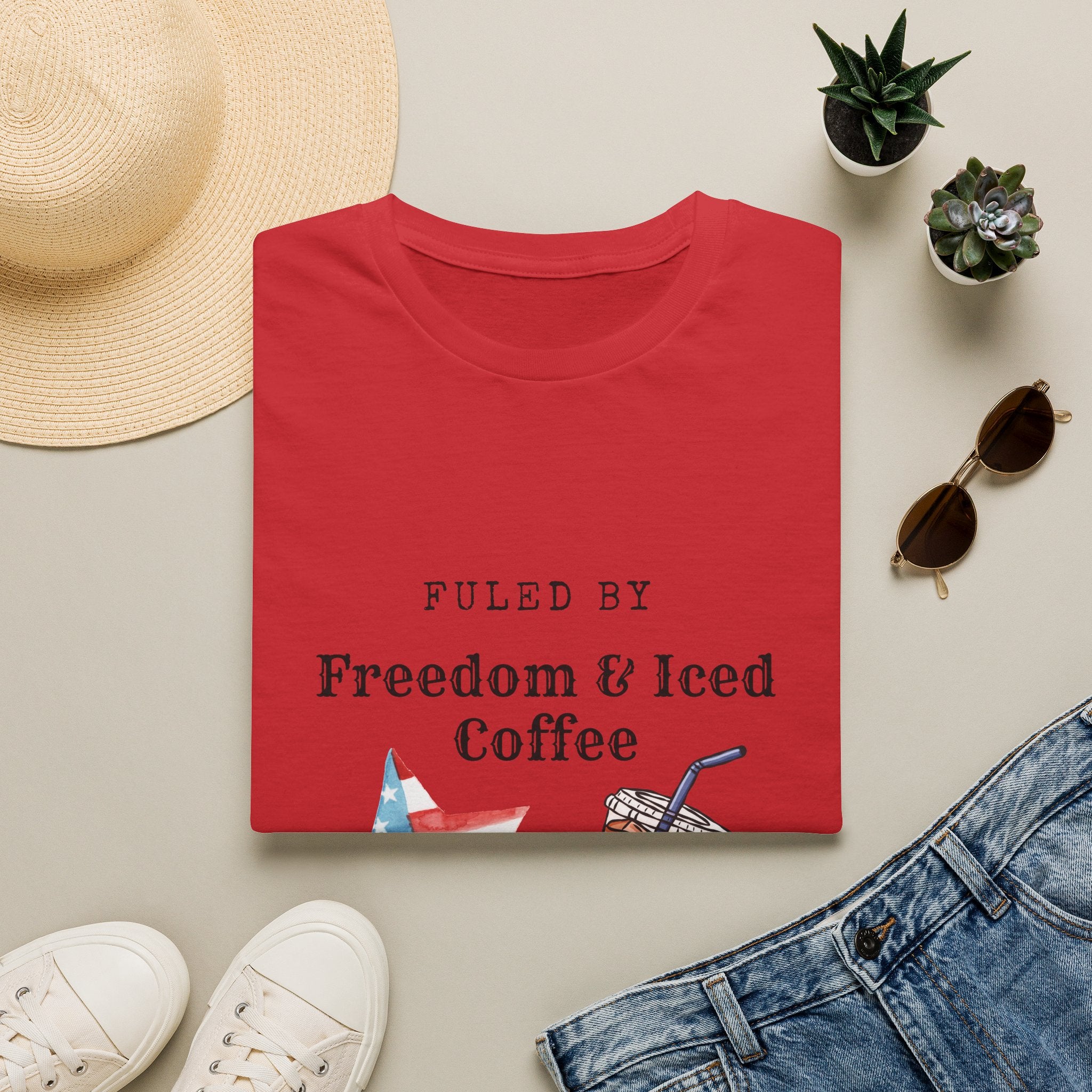 T-Shirt — "Fueled by Freedom & Iced Coffee" Patriotic Graphic Tee