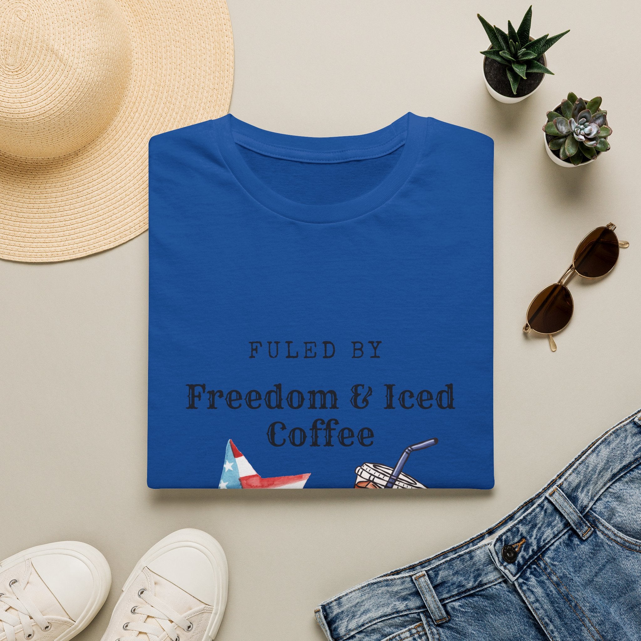 T-Shirt — "Fueled by Freedom & Iced Coffee" Patriotic Graphic Tee