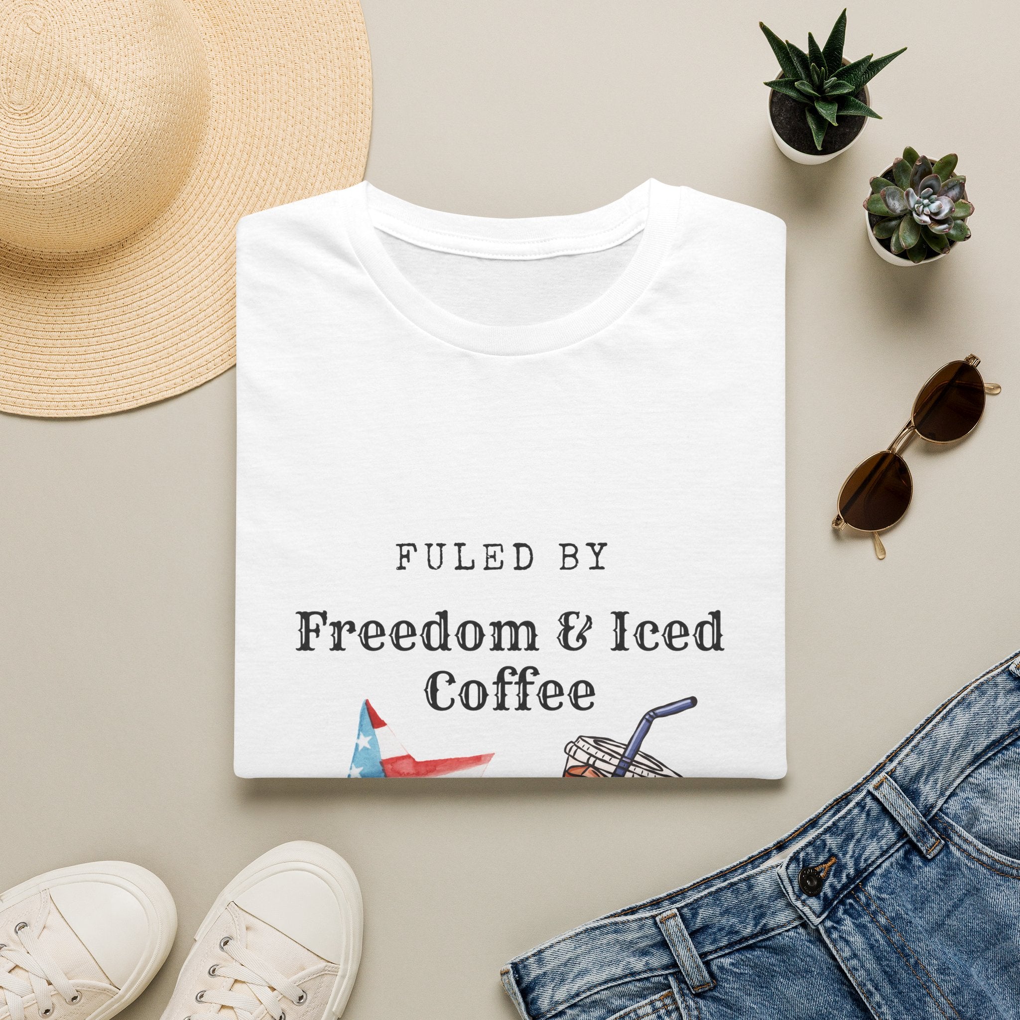 T-Shirt — "Fueled by Freedom & Iced Coffee" Patriotic Graphic Tee