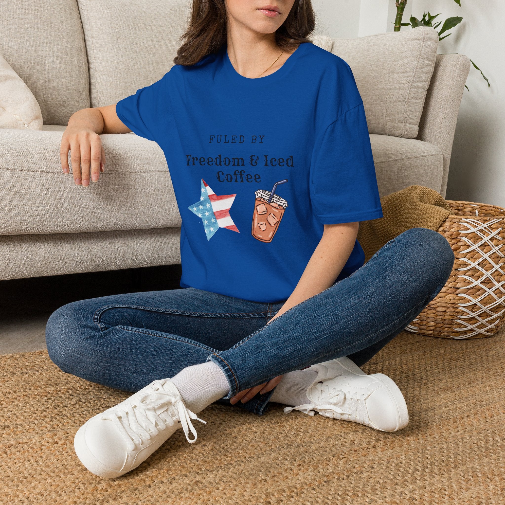 T-Shirt — "Fueled by Freedom & Iced Coffee" Patriotic Graphic Tee