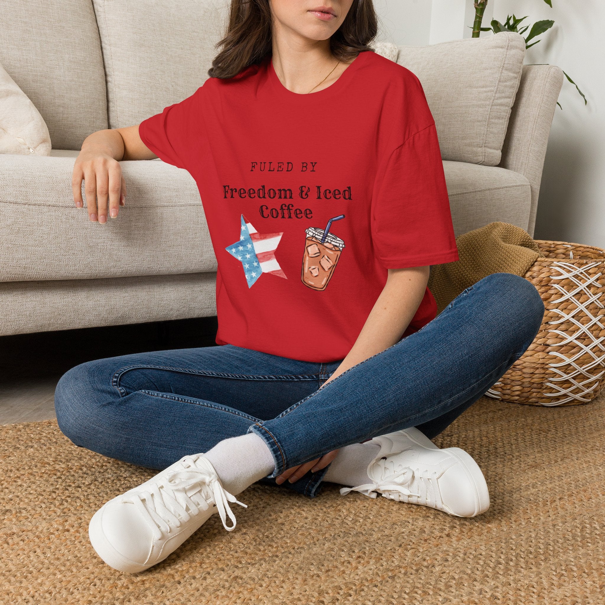 T-Shirt — "Fueled by Freedom & Iced Coffee" Patriotic Graphic Tee