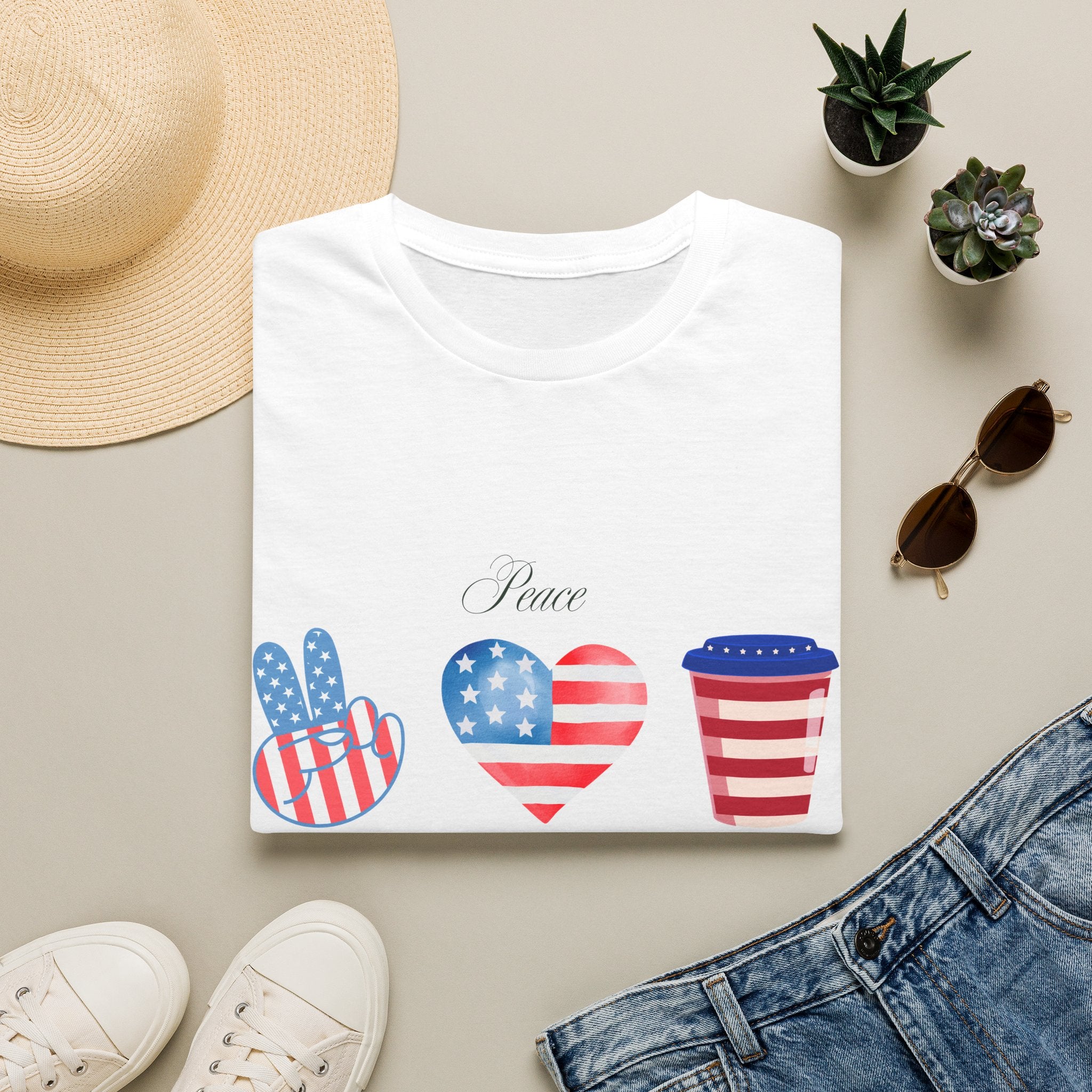Patriotic Peace Hearts T-Shirt – USA Flag Heart Graphic Tee for 4th of July