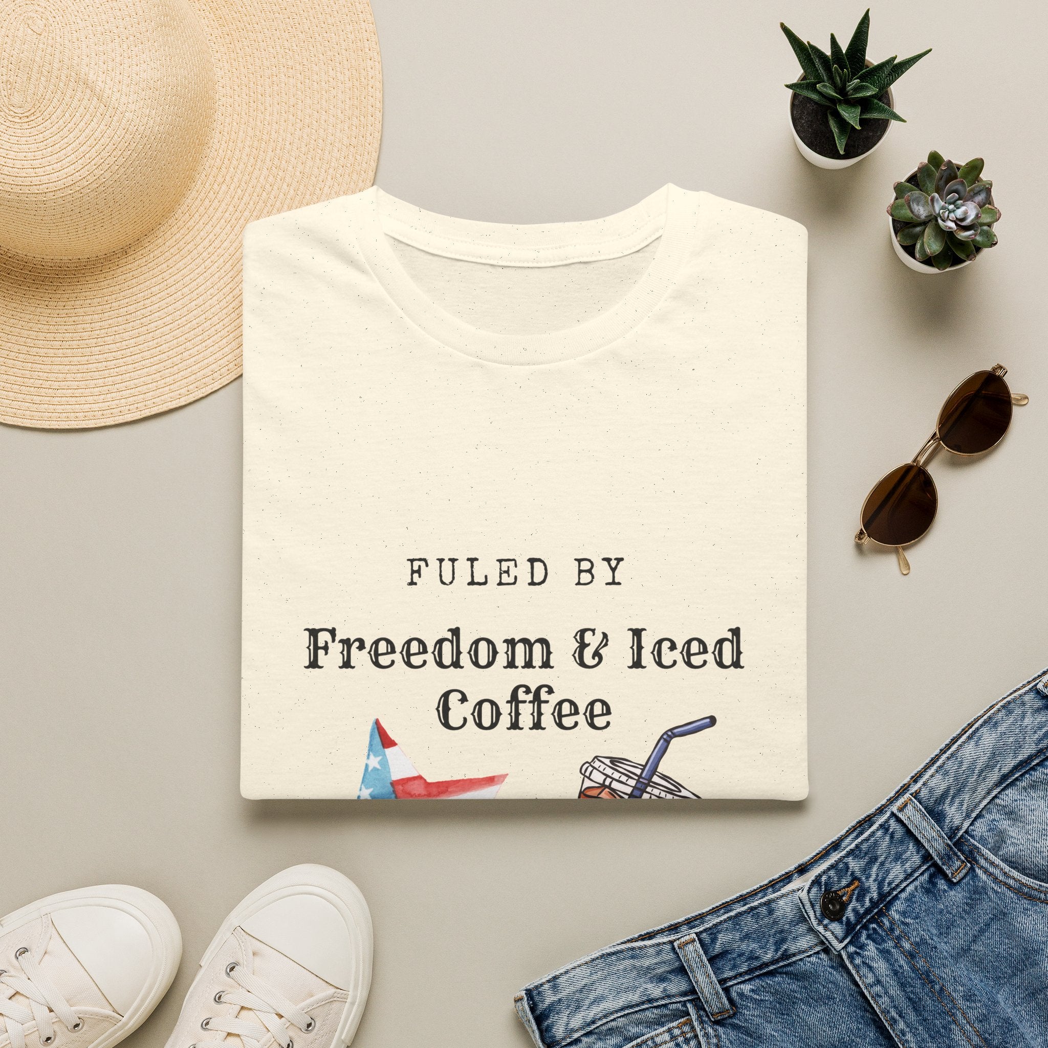 T-Shirt — "Fueled by Freedom & Iced Coffee" Patriotic Graphic Tee