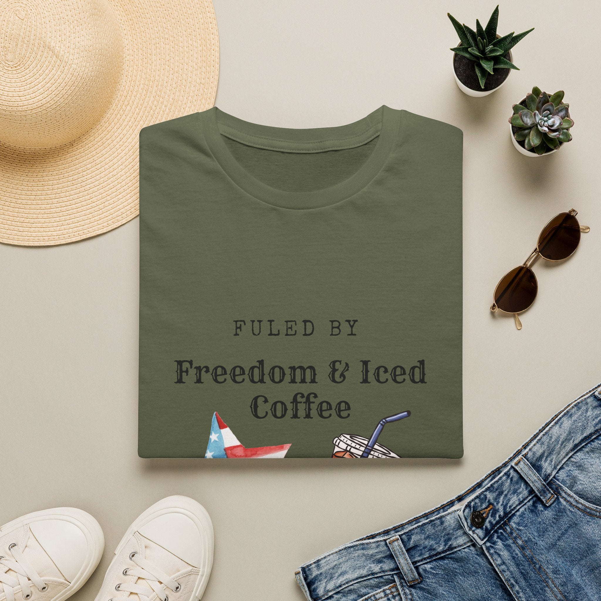 T-Shirt — "Fueled by Freedom & Iced Coffee" Patriotic Graphic Tee