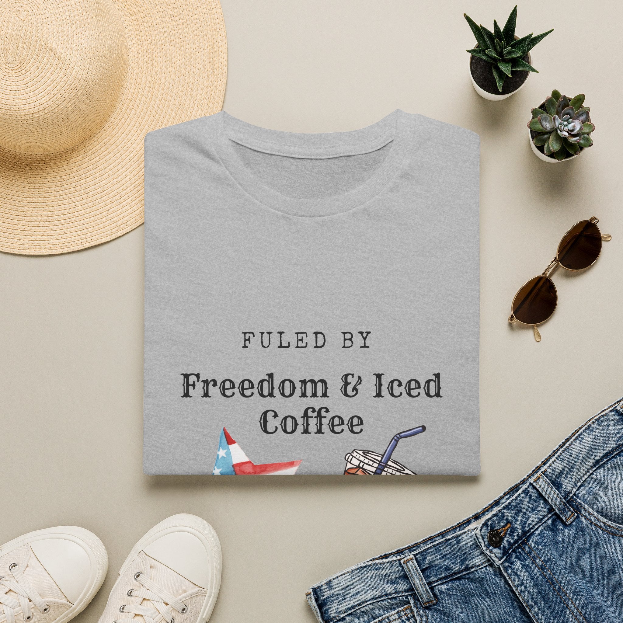 T-Shirt — "Fueled by Freedom & Iced Coffee" Patriotic Graphic Tee