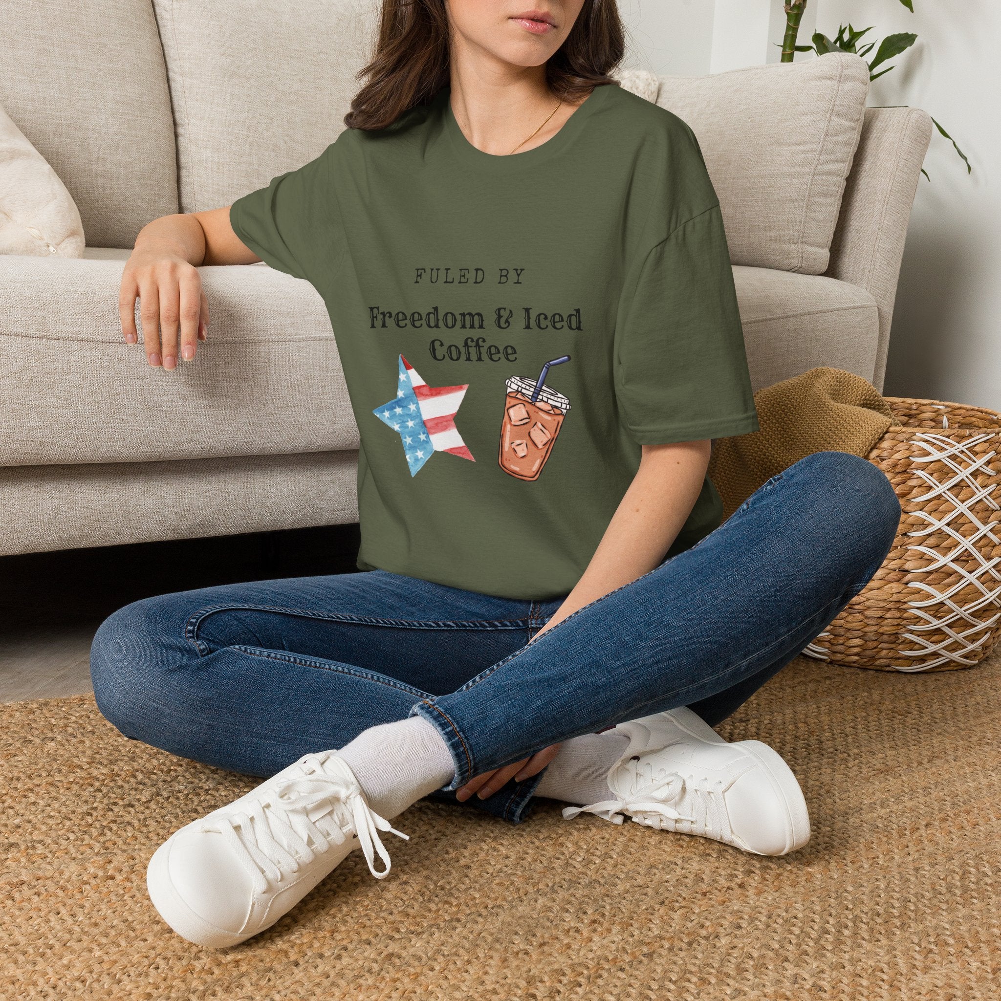 T-Shirt — "Fueled by Freedom & Iced Coffee" Patriotic Graphic Tee