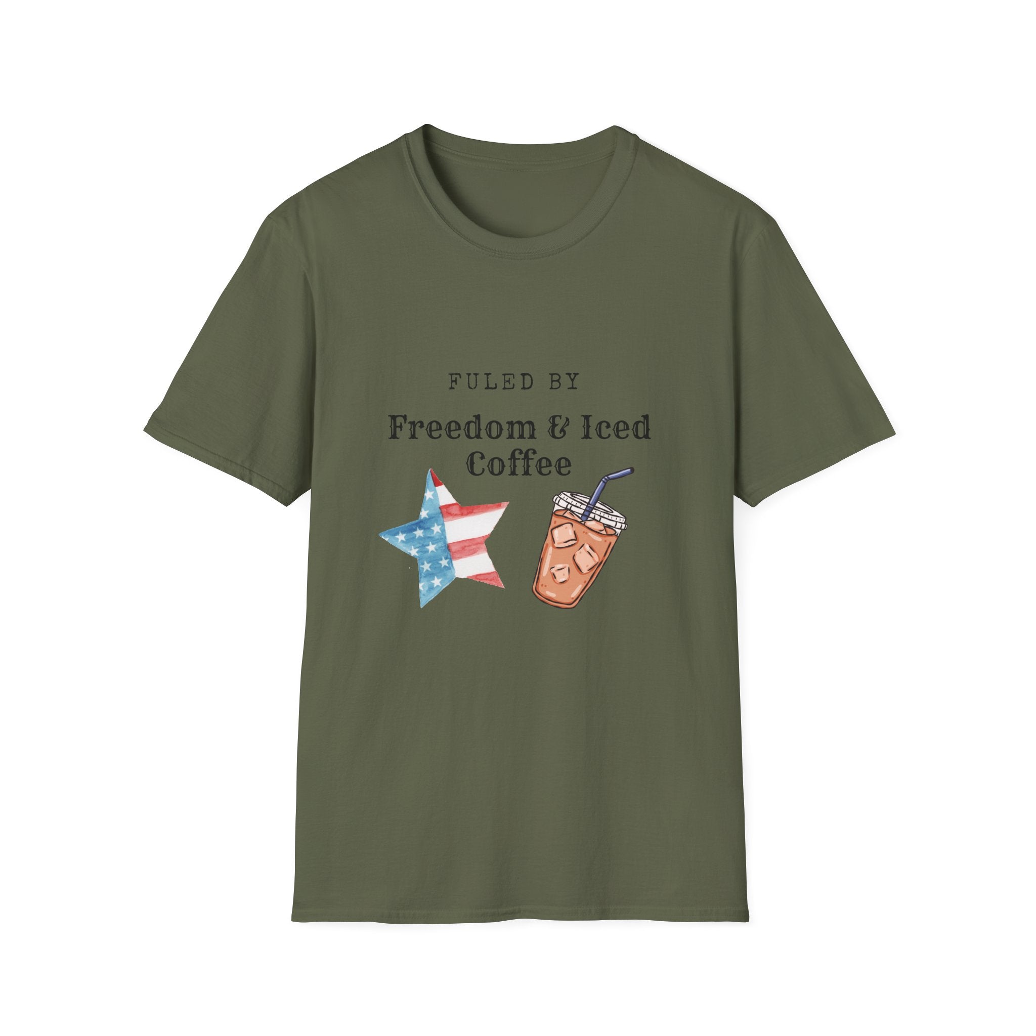 T-Shirt — "Fueled by Freedom & Iced Coffee" Patriotic Graphic Tee