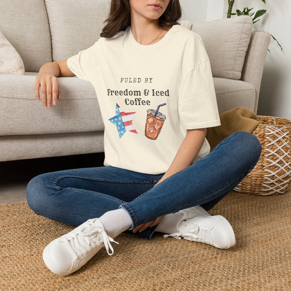 T-Shirt — "Fueled by Freedom & Iced Coffee" Patriotic Graphic Tee