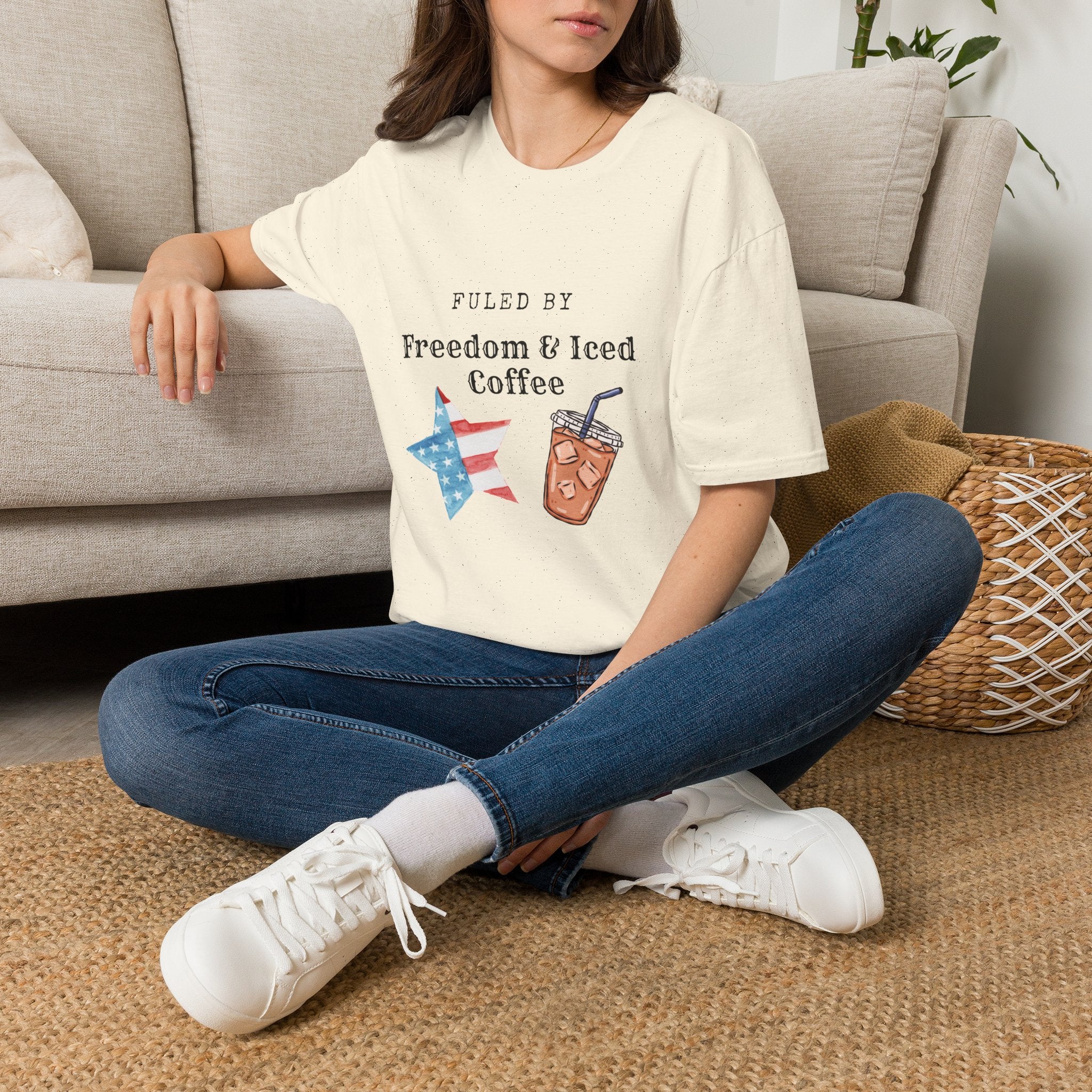 T-Shirt — "Fueled by Freedom & Iced Coffee" Patriotic Graphic Tee