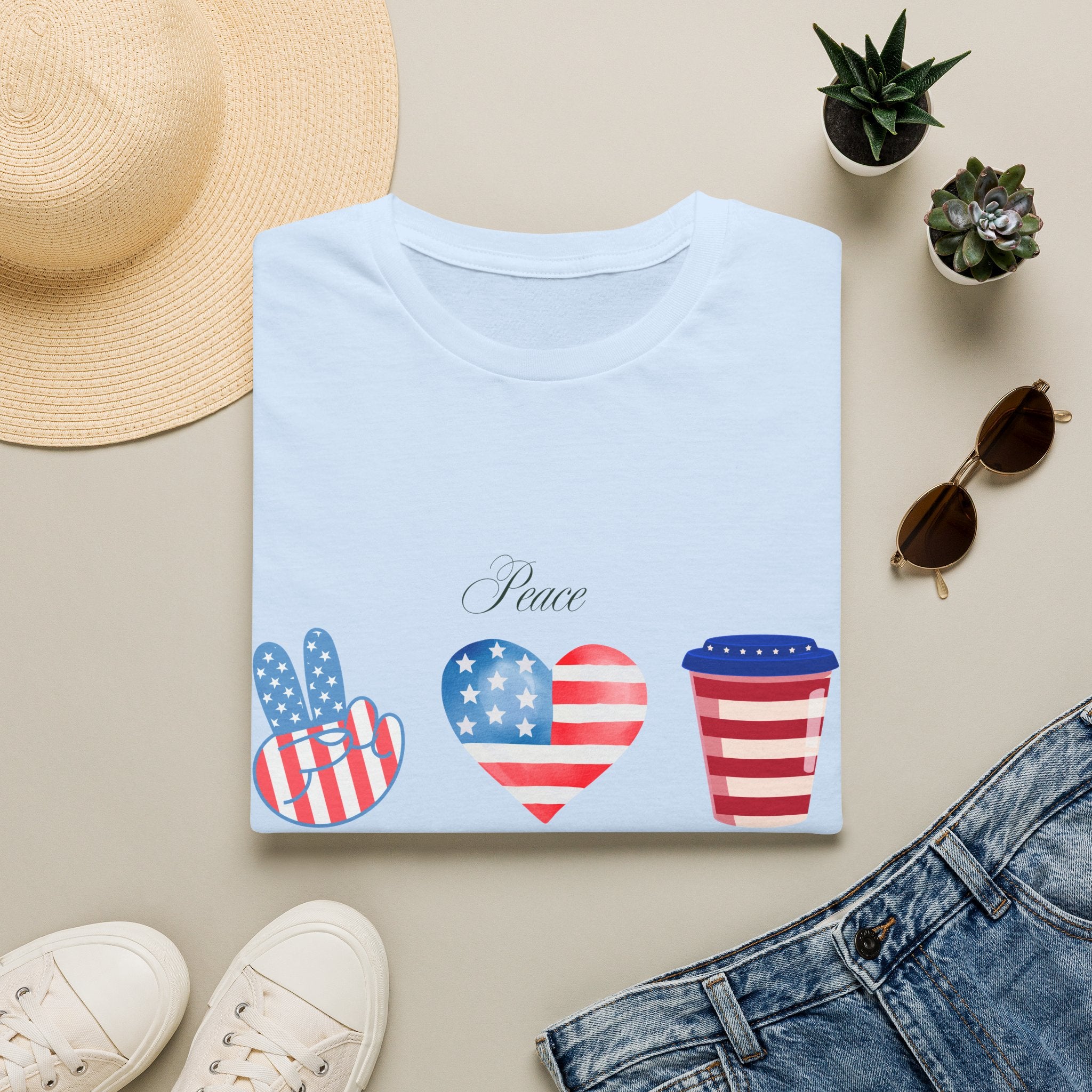 Patriotic Peace Hearts T-Shirt – USA Flag Heart Graphic Tee for 4th of July
