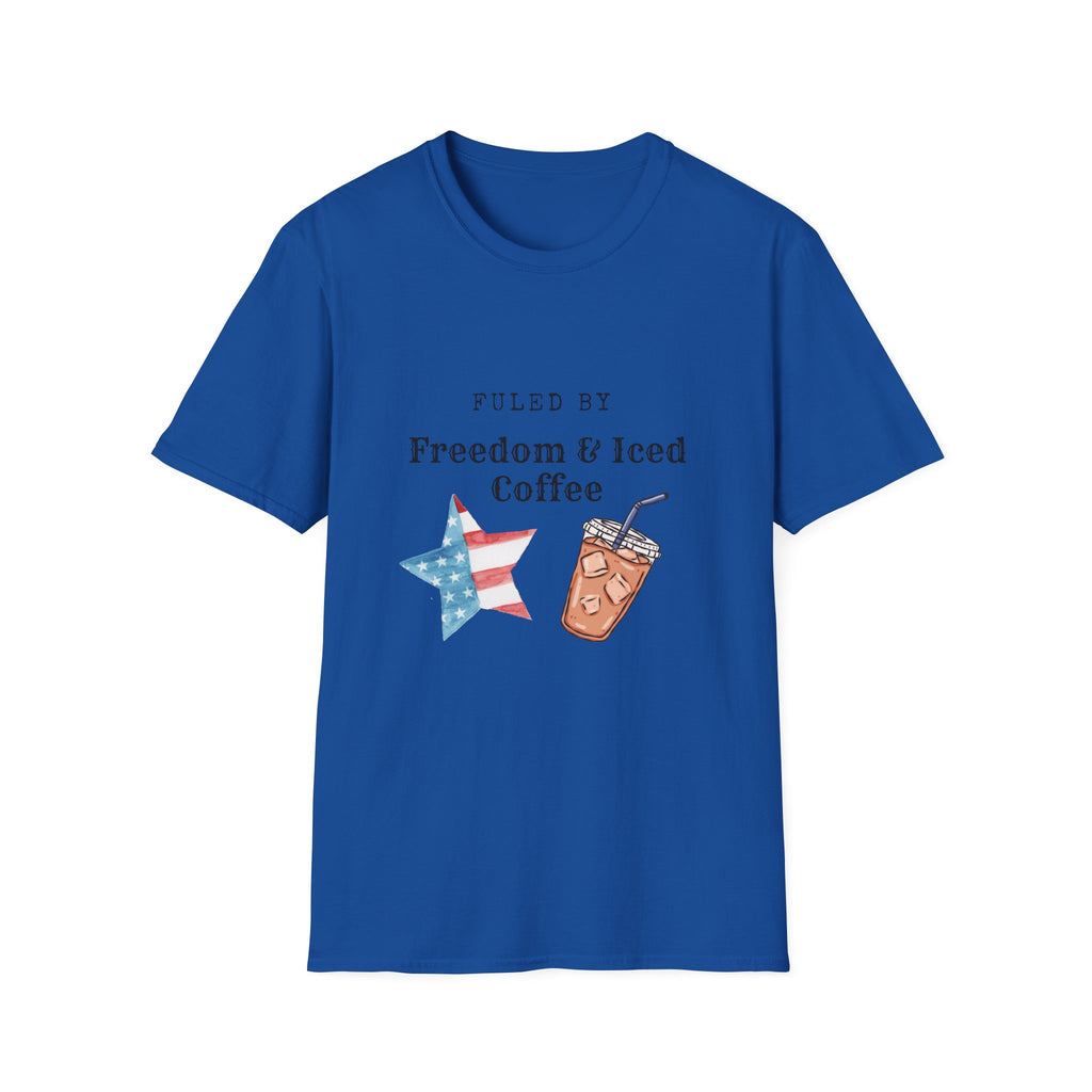 T-Shirt — "Fueled by Freedom & Iced Coffee" Patriotic Graphic Tee