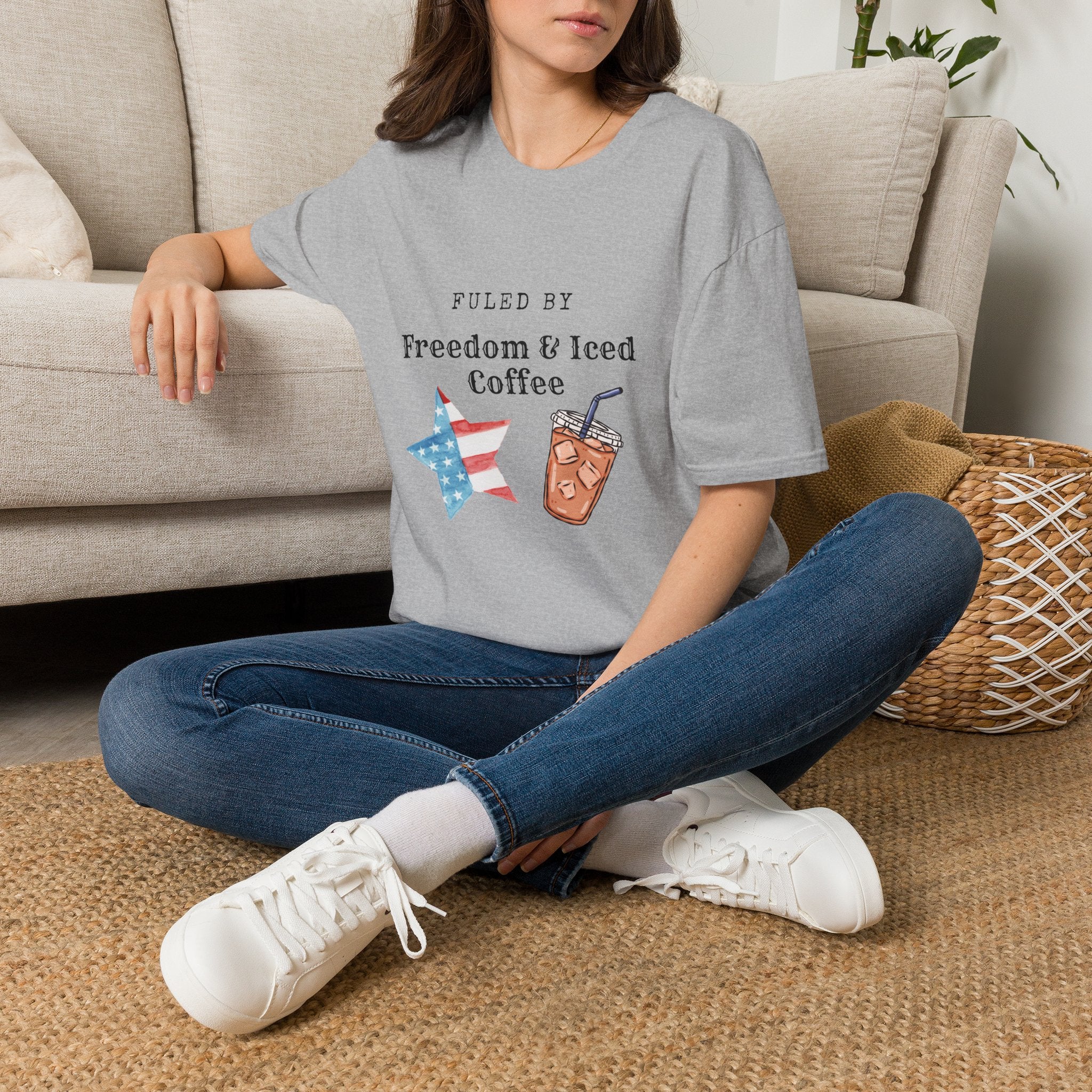 T-Shirt — "Fueled by Freedom & Iced Coffee" Patriotic Graphic Tee