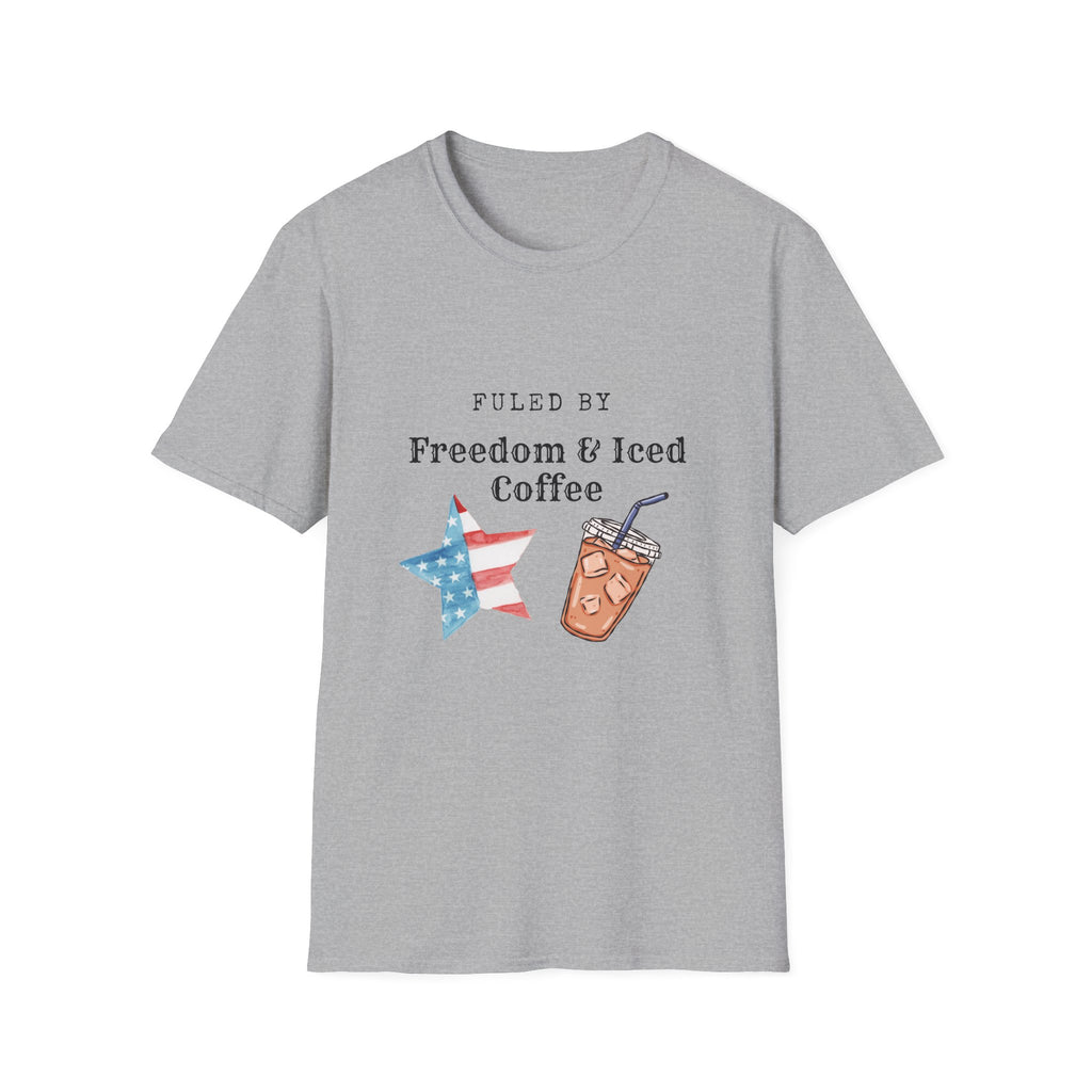 T-Shirt — "Fueled by Freedom & Iced Coffee" Patriotic Graphic Tee