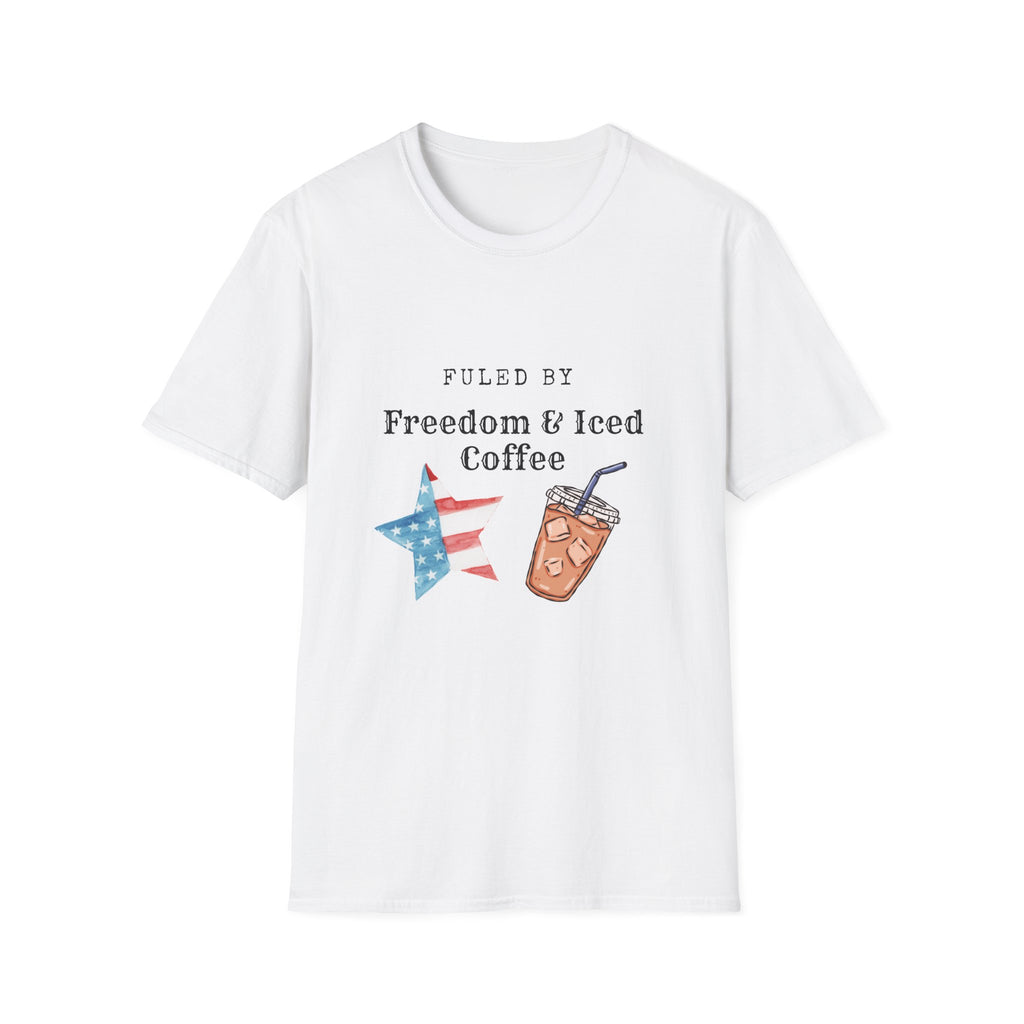 T-Shirt — "Fueled by Freedom & Iced Coffee" Patriotic Graphic Tee
