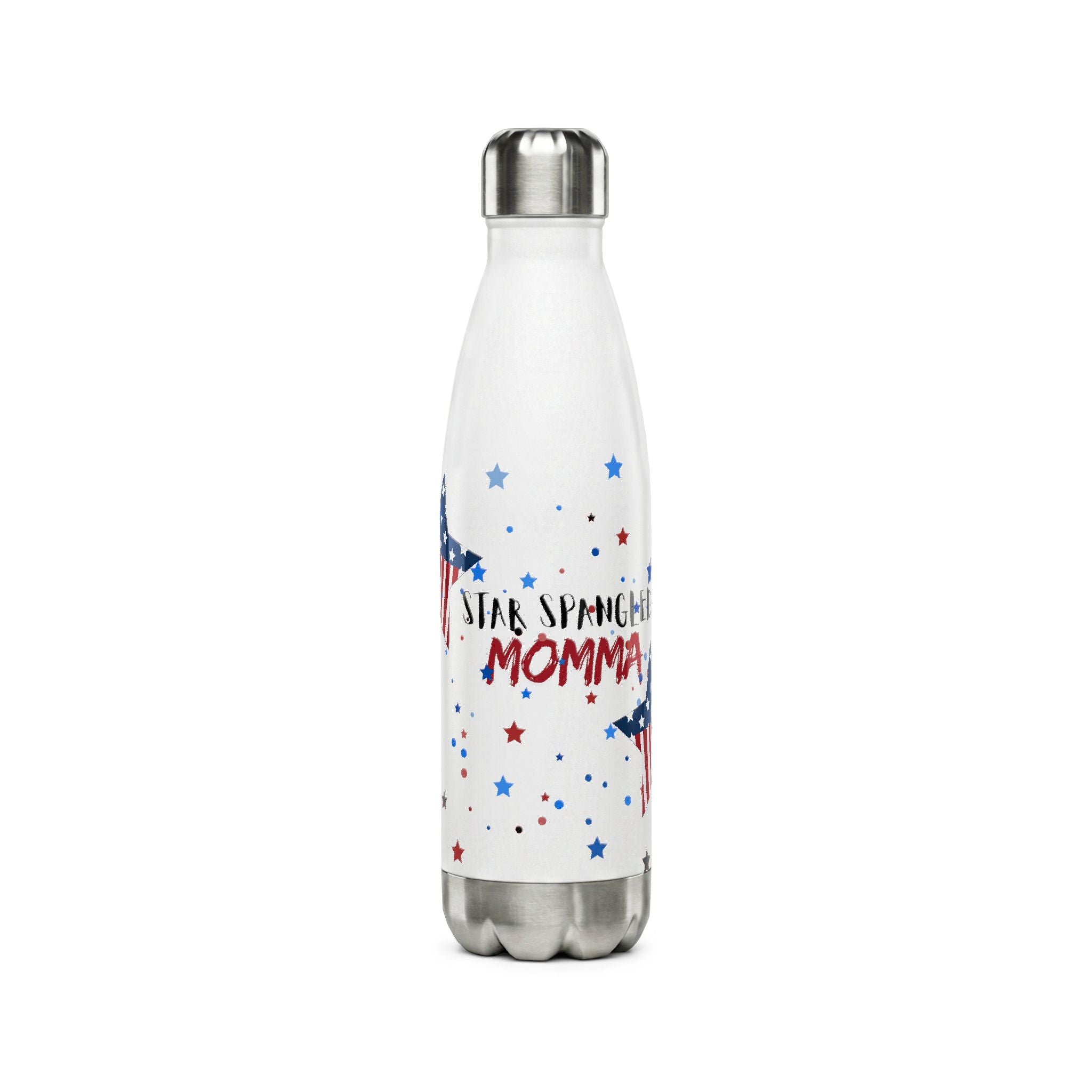 Patriotic Mama Stainless Steel Water Bottle 17oz — "Stars, Stripes, Momma" USA Flag Design